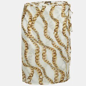 Roberto Cavalli Cream Chain Print Silk Wrap Mini Skirt M